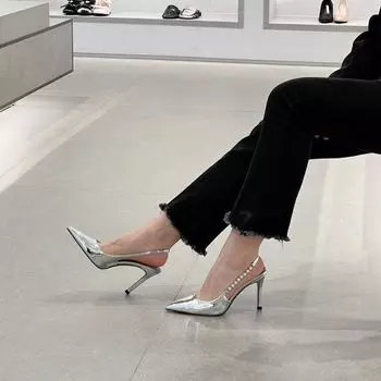 2024 new with skirt pointed toe stiletto high heels womanhood socialite senior women s shoes silver sandals ins 35