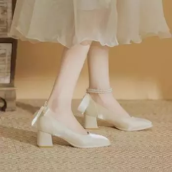 2024 New Women High Heels Mary Jane Comfort Shoes Party Wedding White Red Ruffles Bow Princess Lolita Pumps Size 34