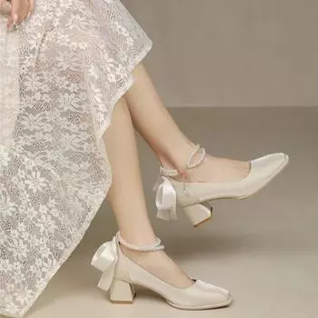 2024 New Women High Heels Silk Mary Jane Shoes Party Wedding Dress Shoe Bowknot Princess Lolita Pumps Square Toe Bridal Heels 34