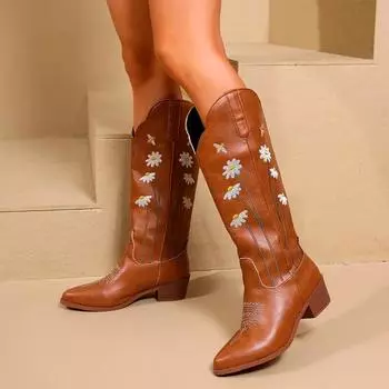 2024 New Women Low Heel Knight Boots Fashion Embroidered Flowers Brand Designer Women Retro Slip-on Casual Pointed Western Boots 36 коричневый