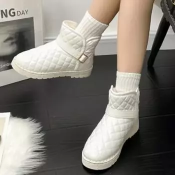 2024 New Women s Ankle Boots PU Leather Women s Plush Warm Winter Snow Boots Thick Sole Comfortable Slip-On Casual Walking Boots 35 бежевый