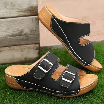 2024 New Women s Casual Fashion Thick Bottom Enhanced Large Size Women s Summer Slope Heel Thick Bottom Slippers 36 чёрный