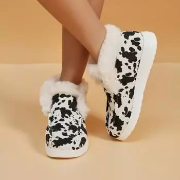 2024 New Women s Cow Pattern Ankle Snow Boots for Warm and Comfortable Flatsole Shoes with Plush Lining and Anti slip Shoes 37 белый
