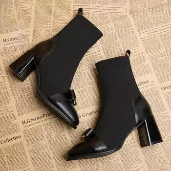 2024 New Women s Fashion Ankle Boots Elegant Round Head High Heel Socks Single Boots Autumn Winter Short Plush Warm Shoes Women 34