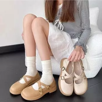 2024 New Women s Flats Cross Strap Mary Jane Shoes for Women Soft Sole Casual Shoes Fashion Shallow Single Shoe Zapatos De Mujer 35 бежевый