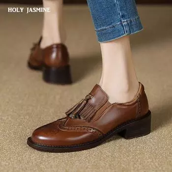 2024 New Women s Genuine Leather British Style Carving Tassels High-heel Oxfords Round Toe Soft Comfort Casual Shoes for Women 34 чёрный