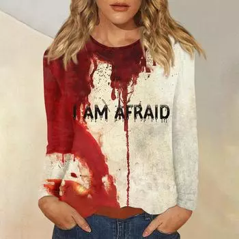 2024 New Women s Halloween Long Sleeve T-Shirt Printed Round Neck Casual Basic Loose Everyday Tops Ladies Round Neck Long Sleeve S