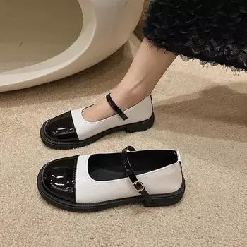2024 New Women s Heeled Single Shoes Versatile Women s Shoes Square Toe Comfortable Spring and Autumn One-Word Buckle Strap 35 чёрный