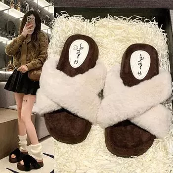 2024 New Women s Home Thick-soled Fashionable Plush Warm Slippers Women s Luxury Plush Leopard Print Women s Cotton Slippers 35 бежевый