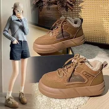 2024 New Women s Lace-up Vulcanized Shoes Fashionable Color Matching Winter Plush Warm Women s High-top Flat Shoes 35 хаки