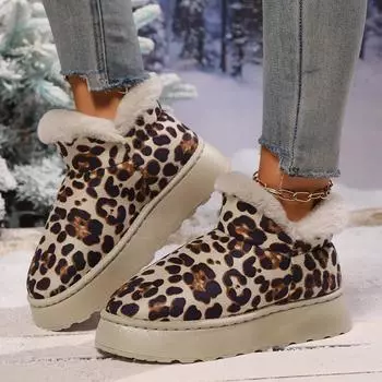 2024 New Women s Leopard Print Snow Boots Fashionable Casual Thickened Plush Warm Boots Comfortable Outdoor Women s Shoes 36 бежевый