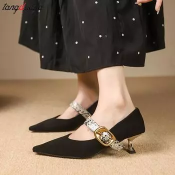 2024 new Women s Mary Jane Shoes Sexy pointed high heels Metal buckle design shallow single shoes Women s luxury Serpentine pump 35 чёрный