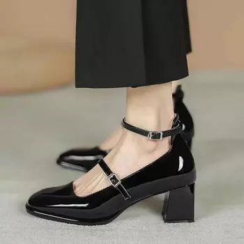 2024 New Women s Mary Jones Shoes High Quality PU Leather Shoes for Women s Square Toe Shallow Buckle Sandals 35 чёрный