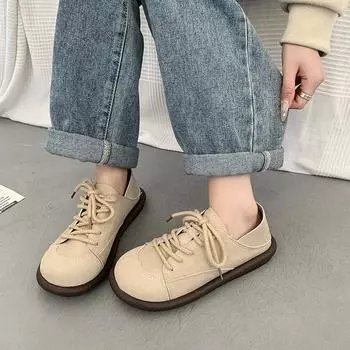 2024 New Women s Round Toe Autumn Ordinary Lace Solid Color Women s Fashion Casual and Comfortable Sports Shoes 35 бежевый