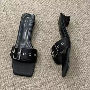 2024 New Women s Shoes Fashion Women s Slipper Black Luxury Sandals Flat Sexy Square Toe Outdoor Beach Slipper Zapatos De Mujer 35 чёрный