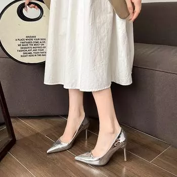 2024 New Women s Shoes Fashionable Solid Color Pointed Toe Shiny Stiletto Heels Banquet Wedding One-leg Women s High Heels 35 серебряный