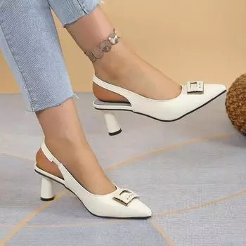 2024 New Women s Shoes Pointed Toe Comfortable Low Heel Back Strap Thick Heel Spring and Autumn Versatile Women s Shoes 35 бежевый