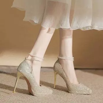 2024 new women s shoes waterproof table French wedding dress crystal sequins adult ceremony pearl chain women s high heels 34 золотой