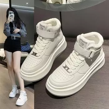 2024 New Women s Skateboard Shoes Fashionable High Tops Thick Sole Sneakers Comfortable Leather Lace Up Women s White Sneakers 35 белый