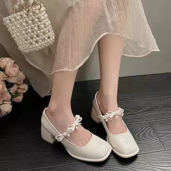 2024 New Women s Summer Mary Jane Shoes Fashionable High Heels Elegant Solid Color Bow Decoration Dress Party Shoes Zapatos 35 бежевый