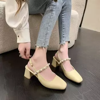 2024 New Women Sandals Satin Square Heel Square Toe Buckle Strap Novelty Street Style British Style Pearl Belt Shoes for Women 35 бежевый