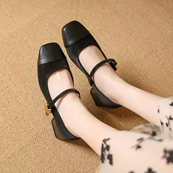 2024 New Women Shoes Medium Heeled Mary Jane Single Shoes Retro Thick Heeled Ballet Shoes Cross Buckle Shallow Soft Sole Shoe 34 бежевый