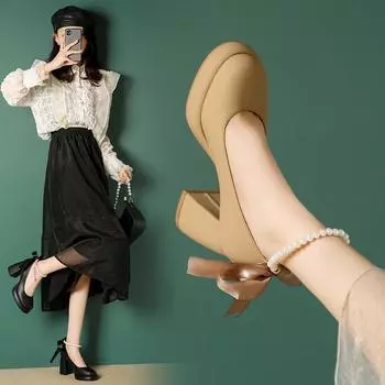 2024 New Women with Skirt Thick Heels High Heels French Single Shoes Waterproof Platform Temperament Large Size Women s Shoes 34 бежевый