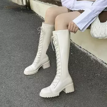 2024 New Womens Low Heel Rider Boots PU Leather Solid Color Fashion Cross Lace Up Designer Thick Bottom Women s Motorcycle Boots 35 чёрный