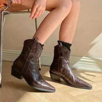 2024 Новые женские ботинки челси с острым носком, модные уличные ретро-ботинки, мотоциклетные ботинки на низком каблуке, повседневные ботинки в стиле вестерн из искусственной кожи 35 чёрный