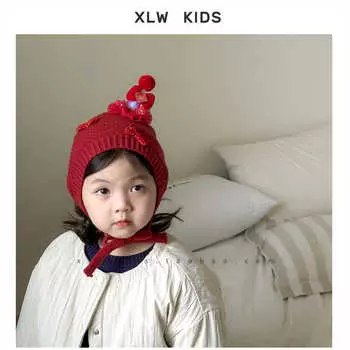 2024 New Year s tide, red festive children s knitted wool hats, warm ear protectors for boys and girls, winter hats applicable head circumference 44-50cm