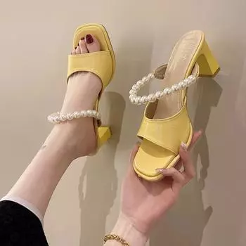 2024 НовинкаКвадратный носок Тонкие высокие каблуки Женские туфли с жемчужным каблуком Женские туфли на высоком каблуке Модные женские летние туфли Тапочки 36 покинуть белый
