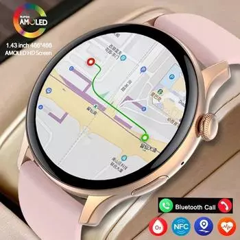2024 NFC Смарт-часы Женские 390*390 Экран GPS Движение Трек Спортивные Часы Женские Магнитная Зарядка Bluetooth Вызов ЭКГ Смарт-часы Silicon чёрный