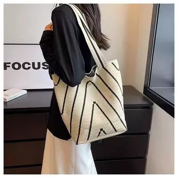 2024 Niche Wave Pattern Вязаная сумка-тоут: Вместительная сумка-ведро с открытым плечом и дамская сумочка для женщин бежевый