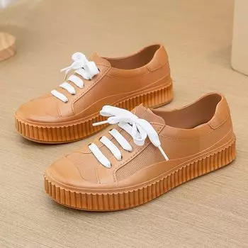 2024 Низкие дождевые туфли женские водонепроницаемые бахилы мягкие тонкие дождевые мокасины женские на открытом воздухе на шнуровке прочные без застежек галоши CN 36-37 коричневый