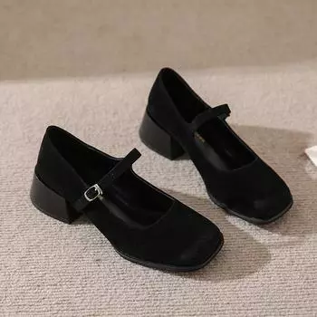 2024 Низкий каблук Квадратный носок Женская обувь Повседневные кроссовки Мягкие Новые летние на каблуках 34 чёрный