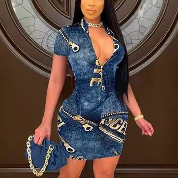 2024 НОВОЕ сексуальное обтягивающее вечернее платье с принтом, платье-карандаш с короткими рукавами, модное женское платье с глубоким v-образным вырезом, посылка, платье на бедрах S темно-синий