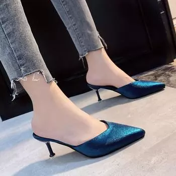 2024 НОВЫЕ летние тапочки с острым носком и пряжкой на тонком каблуке, одинарные туфли с пряжкой на высоком каблуке, женские босоножки Baotou Back Empty 35 синий