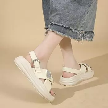 2024 НОВЫЕ летние женские босоножки на платформе из натуральной танкетки в римском стиле с мягкой подошвой Женская обувь 35 бежевый