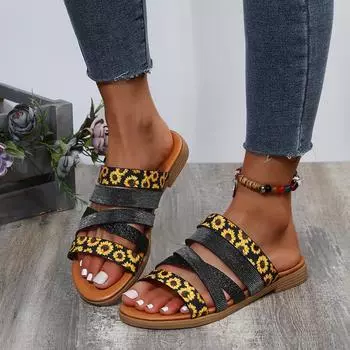 2024 НОВЫЕ летние женские босоножки на плоской подошве с открытым носком и леопардовым принтом, пляжные шлепанцы, фирменные дизайнерские сандалии и босоножки для женщин 36 чёрный