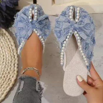 2024 НОВЫЕ милые тапочки для девочек, элегантные шлепанцы с цветочным жемчугом, летняя верхняя одежда, легкие сандалии без шнуровки с бантом 36 синий