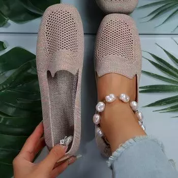 2024 НОВЫЕ однотонные сетчатые лоферы с квадратным носком, женская обувь на плоской подошве с мягкой подошвой, вязаная обувь на плоской подошве, сетчатая обувь, повседневные топсайдеры без шнуровки 37 бежевый