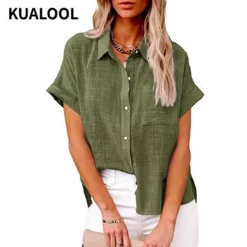2024 НОВЫЕ женские летние однотонные хлопковые льняные рубашки с лацканами и короткими рукавами на пуговицах, свободная рубашка с нестандартными карманами