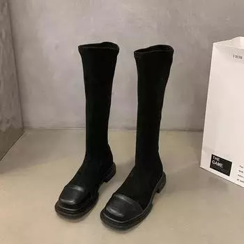 2024 НОВЫЙ Sllip on Женские эластичные высокие сапоги Модные длинные сапоги с квадратным носком Элегантные женские туфли на низком каблуке Зимняя женская обувь 35 чёрный