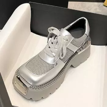 2024 НОВЫЙ Стиль Туфли Дерби Женские Металлические Квадратные Носки Оксфорды Лоферы Крутые Панк Готические Туфли На Танкетке Платформы Повседневные Туфли На Плоской Подошве Женские 35 чёрный