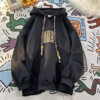 2024 Новая американская фиолетовая вышитая толстовка с капюшоном для мужчин Осень и зима Уличные Y2K Популярное теплое и толстое верхнее пальто M чёрный