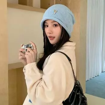 2024 новая большая окружность головы, складывающаяся шапка, женское лицо, маленький вязаный головной убор, любовное лицо, маленькая шерстяная шапка, шапка для родов Elastic (56-60cm) хаки