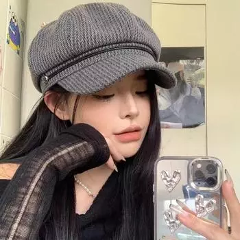 2024 новая большая шляпа окружности головы женский берет художника маленький ароматный стиль большая голова большое лицо маленькая восьмиугольная шляпа газетчика M56-58cm темно-серого