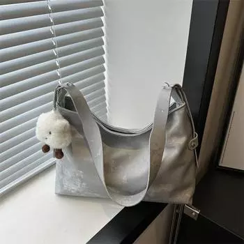 2024 новая большая сумка-тоут корейской версии сумка-мессенджер повседневная нишевая женская сумка модная сумка через плечо для поездок на работу Without pendant чёрный