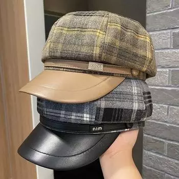 2024 новая британская ретро-шотландская восьмиугольная шапка детская осенне-зимняя шерстяная теплая шапка-берет с утиным язычком для газетчика M (56-58cm) -nim plaid octagonal hat чёрный