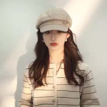 2024 новая черная шляпа газетчика женское лицо маленькая шляпа ретро большая окружность головы восьмиугольная шляпа шляпа художника берет M56-58cm грязно-белый